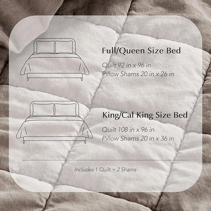 EVERGRACEHOME Stonewashed Cotton Quilt Set Queen Size, Ultra Soft Oversized Bedspread Coverlet Set, Lightweight Crinkle Box Stitch Bedding Sets for All Season, with 2 Shams, Truffle Taupe Brown