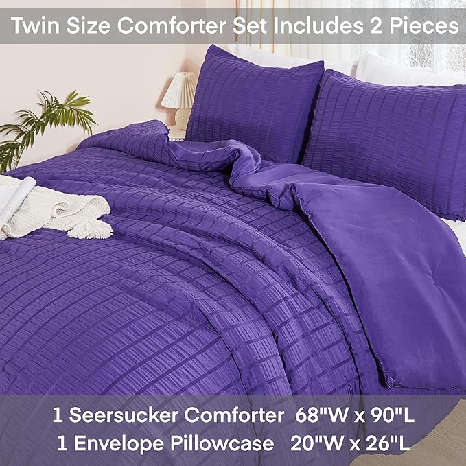 AveLom Dark Purple Seersucker Twin Comforter Set (68x90 inches), 2 Pieces-Soft Washed Microfiber Lightweight Comforter with 1 Pillowcase, All Season Down Alternative Comforter Set for Bedding