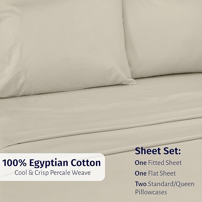 California Design Den Certified 100% Egyptian Cotton Sheets Full Size Bed - Lightweight Cotton Percale Sheets Full Size Set with Deep Pockets, Crisp & Durable Luxury Bedding Set - Beige