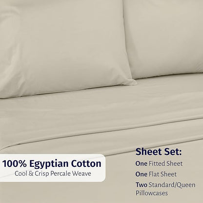 California Design Den Certified 100% Egyptian Cotton Percale Sheets Queen Size Set - Lightweight, Deep Pocket Queen Cotton Sheet Set, Crisp & Durable Luxury Bedding Set - Beige