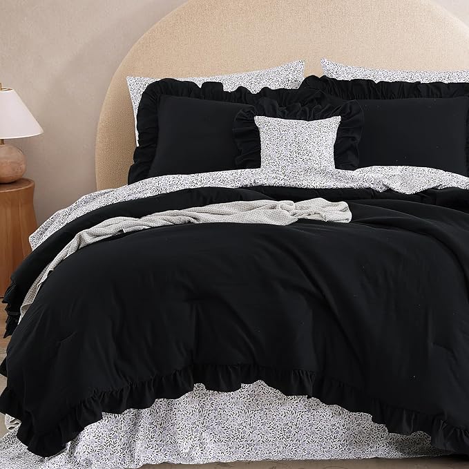 Queen Comforter Set - 7 Pieces Ruffle Black Bedding Sets, Shabby Chic Farmhouse Bed in a Bag Queen with Ruffle Comforter, Floral Sheets, Pillowcases & Shams