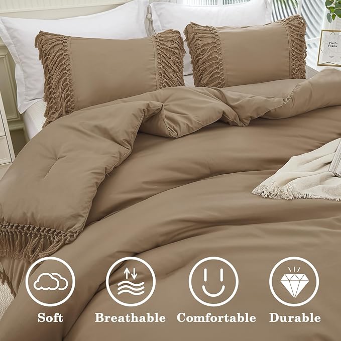 Andency Taupe Comforter Set California King, 3 Pieces Boho Tassel Lightweight Soft Bedding Comforter Sets for King Bed, All Season Fluffy Fringe Bed Set (104x96In Comforter & 2 Pillowcases)