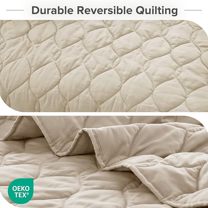 Comfort Spaces King Quilt Set Modern Reversible Ogee Coverlet King Bedding Set Cozy Quilted Winter Layer, All Season Lightweight Soft King Size Quilt, Kienna, Cal King Beige 3 Piece