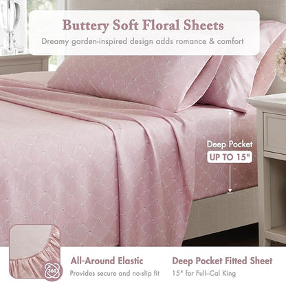 Madison Park Essentials Adele Pink Floral Queen Size Comforter Set – Vintage Bed in a Bag with Sheets, Reversible Ruffle Bedding, Elegant Gift for Her