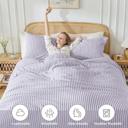 MILDLY Purple Striped Duvet Cover - 100% Washed Cotton Jacquard Textured Comforter Cover with Dual Zipper Closure & 8 Coner Ties