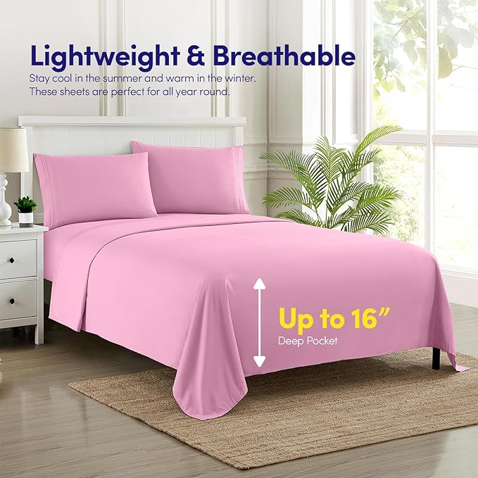 1500 Supreme Collection Twin Sheet Sets Pink - 3 Piece Bed Sheets and Pillowcase Set for Twin Mattress - Extra Soft, Elastic Corner Straps, Deep Pocket Sheets, Twin Pink
