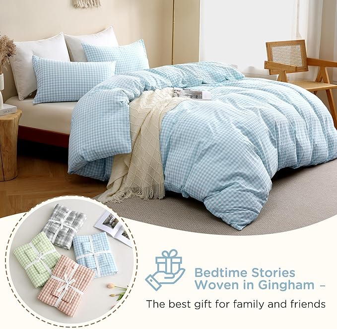 TOCOMOA Light Blue Gingham Duvet Cover Bedding Set 100% Washed Cotton Like Linen Feel Super Soft Comfy 3 Piece Vintage Plaid Checkered Comforter Cover Set (Queen 90"x90", Comforter Not Included)