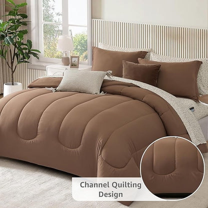 Monbix Full Comforter Set - 7 Pieces Brown Bed in a Bag Full Size Track Stitching Bedding Sets, All Seasons Comforter with Sheets, Pillowcases & Shams