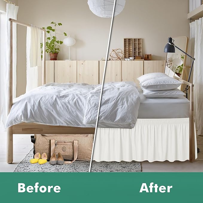 Biscaynebay Wrap Around Bed Skirts with Split Corners for Full Beds 15" Drop, Ivory Adjustable Elastic Dust Ruffles Easy Fit Wrinkle Resistant Silky Luxurious Fabric Machine Washable