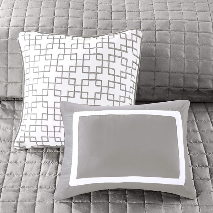 Madison Park Heritage Comforter Quilt Combo Set - Modern Luxury Design, All Season Down Alternative Bedding, Matching Shams, Decorative Pillows, King/Cal King(104"x92"), Color Block Grey 8 Piece