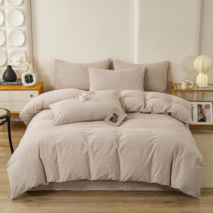 Light Brown Gingham Twin Size Duvet Cover Washed Cotton Plaid Twin Comforter Cover Farmhouse Boho Cute Soft Duvet Cover Set with Ties Checkered Tan Bedding Set Breathable Duvet Protector