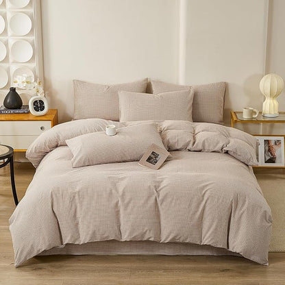 Light Brown Gingham Duvet Cover Full Size Washed Cotton Plaid Comforter Cover Full Size Farmhouse Boho Cute Soft Duvet Cover Set with Ties Checkered Tan Bedding Set Breathable Duvet Protector