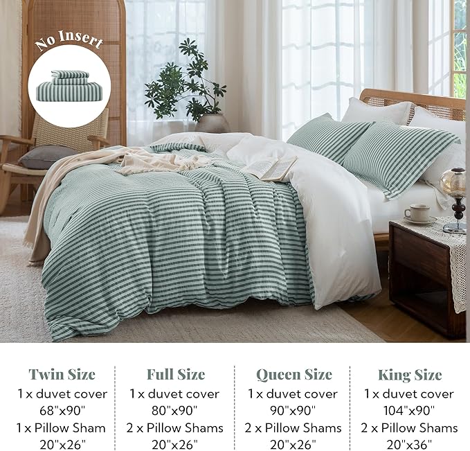 MILDLY Emerald Striped Duvet Cover - 100% Washed Cotton Jacquard Boho Textured Comforter Cover 2pcs with Corner Ties Zipper Closure 68"x90"