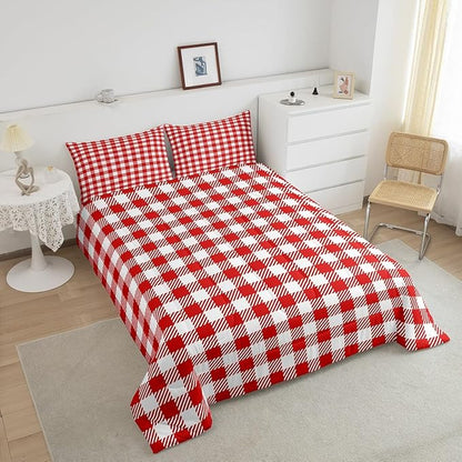 Manfei Red Plaid Bedding Set King Size Buffalo Check Plaid Comforter Classic Gingham Pattern Comforter Set Red White Grid Duvet Set 3Pcs Quilt Set 1 Comforter Set with 2 Pillowcase