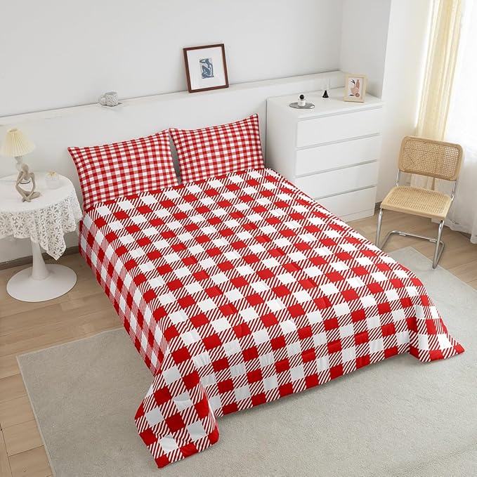 Manfei Red Plaid Bedding Set Queen Size Buffalo Check Plaid Comforter Classic Gingham Pattern Comforter Set Red White Grid Duvet Set 3Pcs Quilt Set 1 Comforter Set with 2 Pillowcase