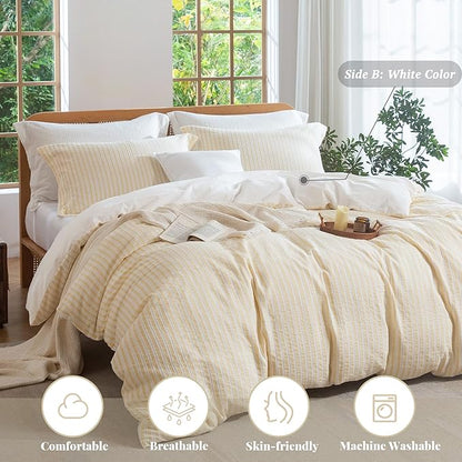 MILDLY Yellow Striped Duvet Cover - 100% Washed Cotton Jacquard Textured Comforter Cover with Dual Zipper Closure & 8 Coner Ties
