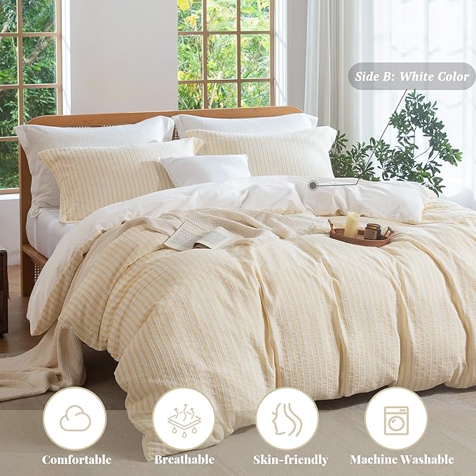 MILDLY Yellow Striped Duvet Cover - 100% Washed Cotton Jacquard Textured Comforter Cover with Dual Zipper Closure & 8 Coner Ties