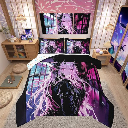 Erosebridal Japanese Anime Bedding Set Full Size, Anime Girl Comforter Set Kawaii Japanese Style Duvet Insert Cartoon Japan Animation Quilt for Boys Teens Adult Women Bedroom Decor