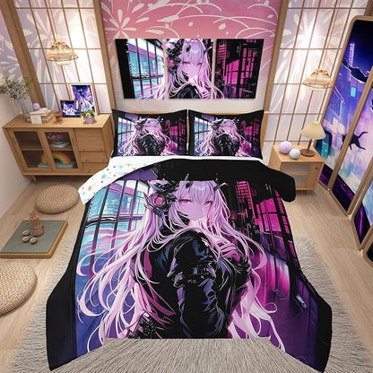 Erosebridal Japanese Anime Bedding Set King Size, Anime Girl Comforter Set Kawaii Japanese Style Duvet Insert Cartoon Japan Animation Quilt for Boys Teens Adult Women Bedroom Decor
