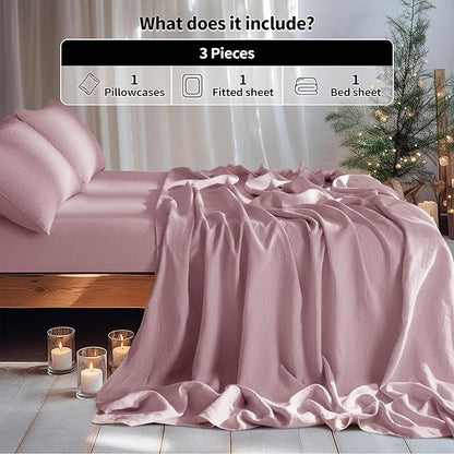 LBRO2M 100% Pure Linen Sheet Set Deep Pocket Up to 16" Bed Sheets Sets, Natural Flax Beddings Soft, Breathable, Comfortable for All Seasons Twin Size, Embroidery Purple