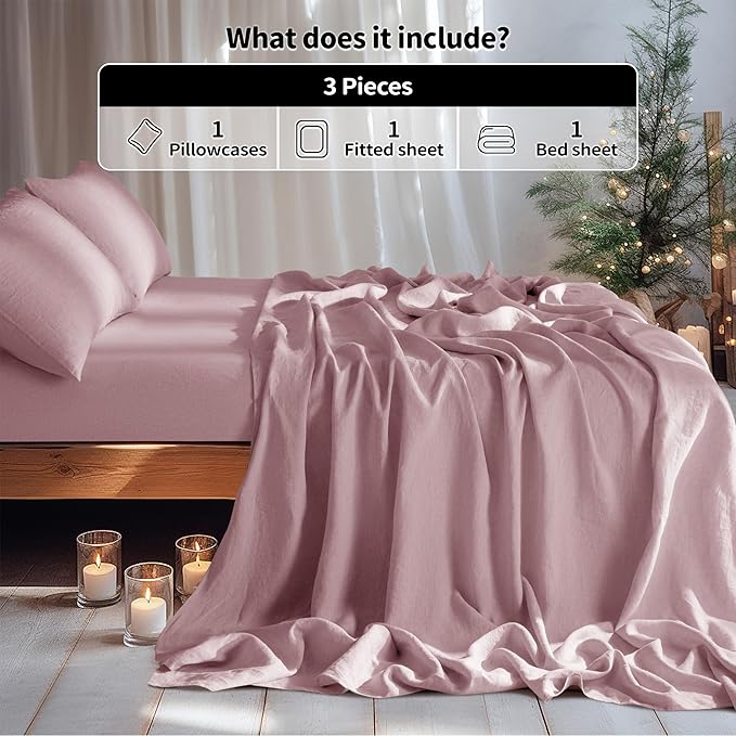 LBRO2M 100% Pure Linen Sheet Set Deep Pocket Up to 16" Bed Sheets Sets, Natural Flax Beddings Soft, Breathable, Comfortable for All Seasons Twin XL Size, Embroidery Purple