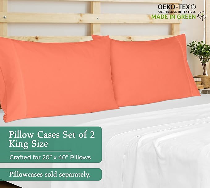 Royale Linens King Pillowcase Set of 2 - Bed Pillow Cover - 20" x 40" -Coral Pillowcases - 1800 Brushed Microfiber, Wrinkle & Fade Resistant - Soft & Cozy- King Size Pillow Case (Coral)
