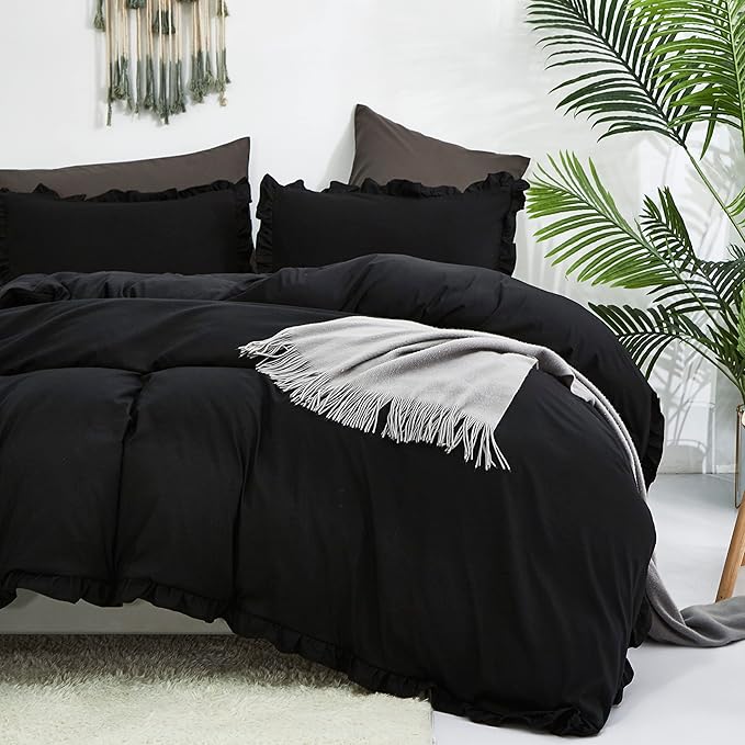 CLOTHKNOW Black Full Size Comforter Sets 3Pcs Ruffle Bedding Comforter Sets Soft Farmhouse Shabby Chic Comforters with 2 x Pillow Cases
