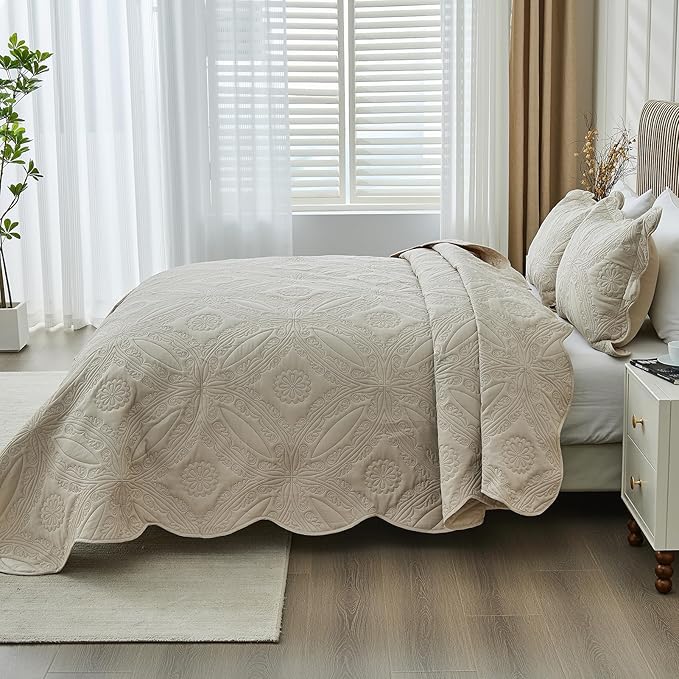 Kingnex Oversized King Bedspreads 128x120 for Extra Wide Tall King or Cal King Bed Ultrasonic Quilted Coverlet Set 3 Piece Include 1 Quilt 2 Pillowcases Beige