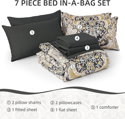Drucon Boho Paisley Comforter Set Queen Size, 7 Pieces Bed in a Bag Black Gold Comforter Set, Soft Lightweight Bedding Set (1 Comforter, 1 Flat Sheet, 1 Fitted Sheet, 2 Pillow Shams, 2 Pillowcases)