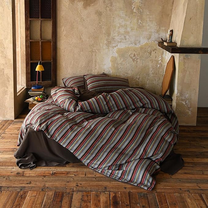 EAVD Retro Striped Duvet Cover Set Full Soft 100% Cotton Muslin Bohemian Colorful Vertical Striped Bedding Set with 2 Pillowcases Rustic Farmhouse Style Geometric Pattern Duvet Cover with Zipper