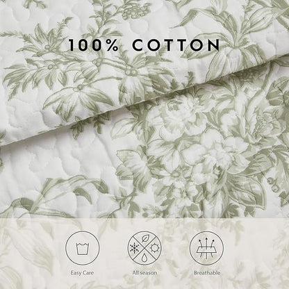 Laura Ashley - Queen Quilt Set, Soft & Reversible Cotton Floral Bedding with a Medium Weight Feel, 3 Piece Bed Set with Matching Pillowcases (Bedford Green/Off-White)