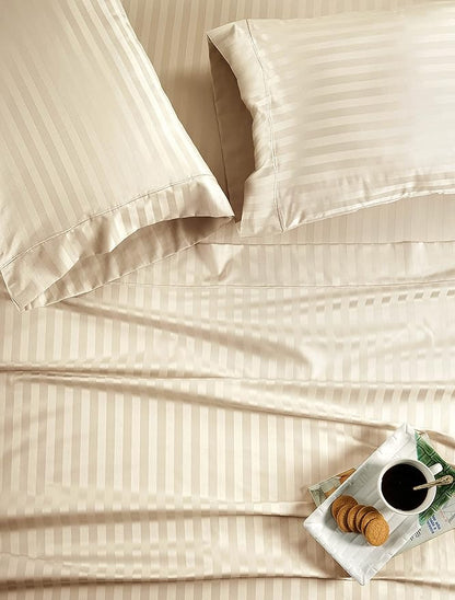 LANE LINEN Striped Sheets Set - 100% Egyptian Cotton 4 Piece Bed for King Size Hotel Bedding & Pillowcases 16" Deep Pocket (Fits Upto 17" Mattress)- Ivory