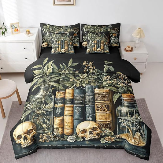 jejeloiu Dark Academia Bedding Set 7Pcs Queen Size Kids Skull Mystical Comforter Set with Sheets for Boys Girls Goth Bed in a Bag Soft Lightweight,Microfiber