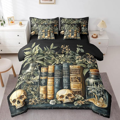 jejeloiu Dark Academia Bedding Set 7Pcs Twin Size Kids Skull Mystical Comforter Set with Sheets for Boys Girls Goth Bed in a Bag Soft Lightweight,Microfiber