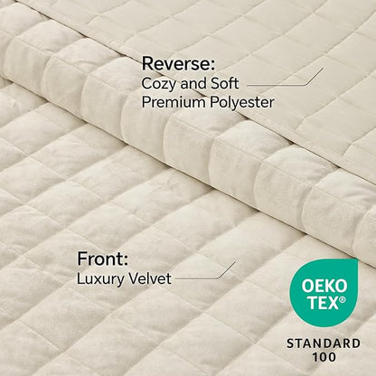 BEDELITE Velvet Quilt Set King Size - Luxury Velvet Comforter Bedding Set 3 Pieces, Soft Cozy Cream White Oversized Bedspread Coverlet for All Seasons with 2 Pillow Shams