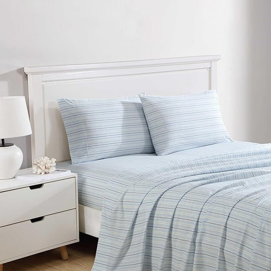 Nautica - Twin Size Sheet Set, Crisp & Tailored Cooling Sheets with a Smooth Cotton Percale Lightweight Feel - Bed Sheets with Matching Pillowcase & Fitted Sheet (Camp Stripe Blue)