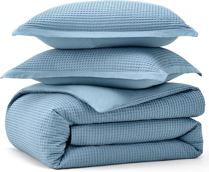 Bedsure Cotton Duvet Cover Queen - 100% Cotton Waffle Weave Grey Blue Duvet Cover Queen Size, GentleSoft™ and Breathable Bedding Set for All Season, 3 Pieces, 90"x90"