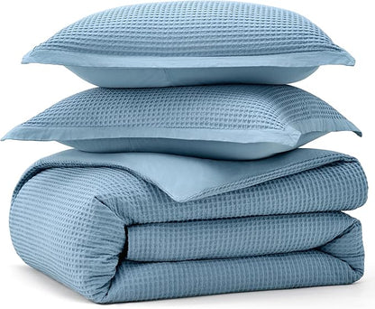 Bedsure Cotton Duvet Cover Queen - 100% Cotton Waffle Weave Grey Blue Duvet Cover Queen Size, GentleSoft™ and Breathable Bedding Set for All Season, 3 Pieces, 90"x90"