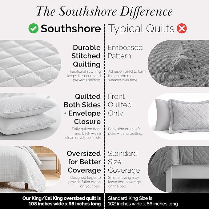 Southshore Fine Living, Inc. Oversized Quilt King Size Set, Grey Bedspread King/California Size with 2 Matching Pillow Shams, Soft Microfiber Coverlet, Easy Care, Machine Wash, Light Grey