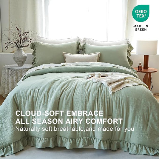 Sage Green Ruffle Comforter Set Queen, Pre-Washed Shabby Chic Bedding Set, Lightweight Cottagecore Soft Romantic Cozy 1 Comforter & 2 Shams, All-Season