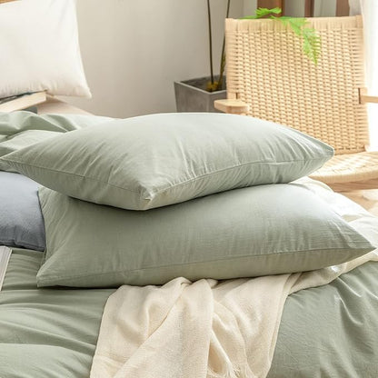 BESTOUCH Duvet Cover Set 100% Washed Cotton Linen Feel Super Soft Comfortable Chic Lightweight 3 PCs Home Bedding Set Solid Sage Green Super King