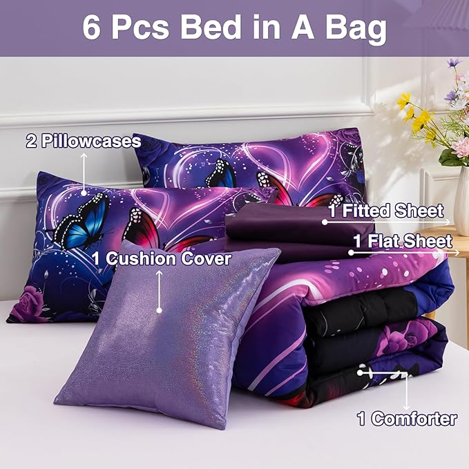 A Nice Night Galaxy 6pcs Bed in A Bag Purple and Blue Dreamy 3D Butterfly Printed, Butterflies Bedding Queen Comforter Set, for Girls Kids Teens