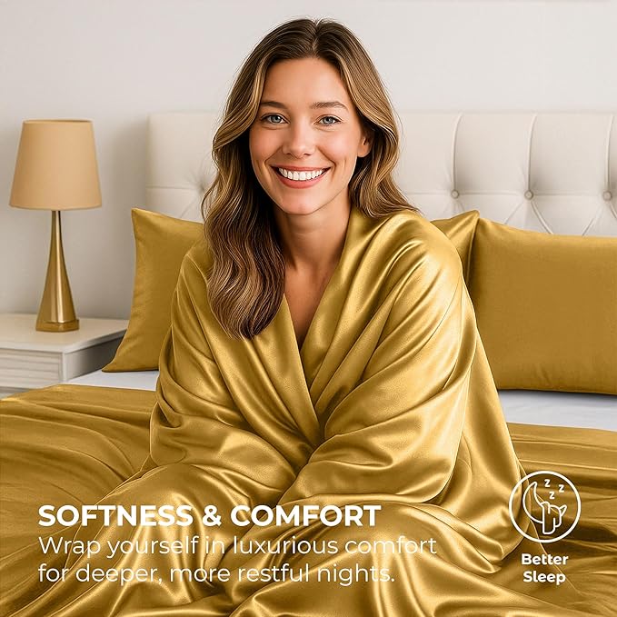 Satin Sheets Twin [3-Piece, Gold] Hotel Luxury Silky Bed Sheets - Extra Soft 1800 Microfiber Sheet Set, Wrinkle, Fade, Stain Resistant - Deep Pocket Fitted Sheet, Flat Sheet, Pillow Cases
