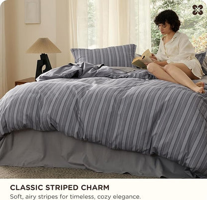 Bedsure Striped Duvet Cover Queen Size, 100% Washed Cotton PureWoven Duvet Cover Linen Like Textured, Classic Striped Pattern Enhances Bedroom Comfort and Style, Stripes Grey, 90"x90"