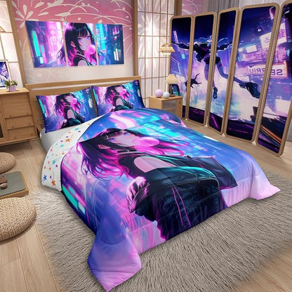 Erosebridal Anime Girl Comforter Set King Size, Kawaii Japanese Anime Quilt for Kids Boys Teens Adult, Cartoon Girl Bedding Set Japan Animation Bedroom Decor, Machine Washable, Lightweight