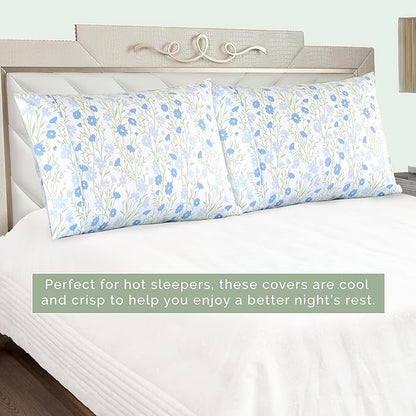 Elegant Comfort Ultra Soft Set of 2 Floral Print Pillowcases - 1500 Premium Hotel Quality Microfiber, Soft and Smooth Envelope Closure 2-Piece Pillow Covers - Standard/Queen, Blue Laurel
