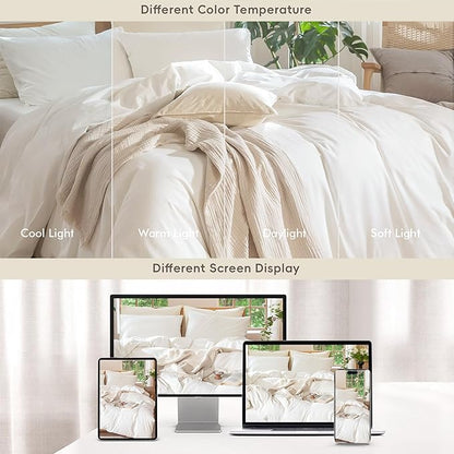 MooMee Bedding Duvet Cover Set 100% Washed Cotton Linen Like Textured Breathable Durable Soft Comfy (Solid Off White, Oversized King Plus 128"x120")