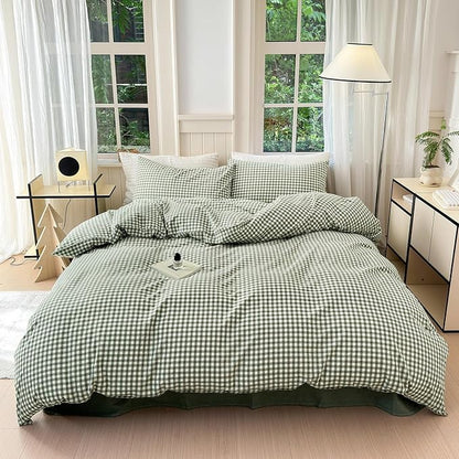 LifeTB Green Grid Gingham Duvet Cover Queen 3 Pieces Green Plaid Duvet Cover with 2 Pillowcases 100% Washed Cotton Grid Checkered Comforter Cover Breathable Green Plaid Bedding Set Queen