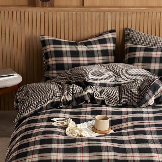 EAVD Vintage Red&Black Plaid Duvet Cover Queen Soft 100% Muslin Cotton Retro Grid Checkered Bedding Set with 2 Pillowcases Reversible Gingham Duvet Cover with Zipper Closure