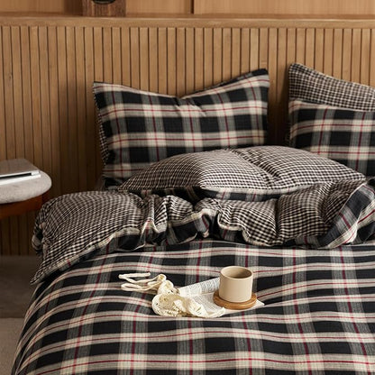 EAVD Vintage Red&Black Plaid Duvet Cover Queen Soft 100% Muslin Cotton Retro Grid Checkered Bedding Set with 2 Pillowcases Reversible Gingham Duvet Cover with Zipper Closure